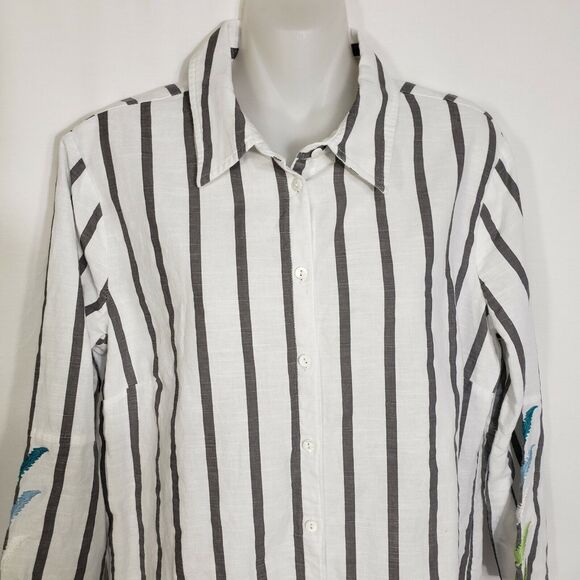 Sharon Young Womens Top Small Gray Striped 100% Linen Embroidered Button Up 3/4 - Picture 3 of 10